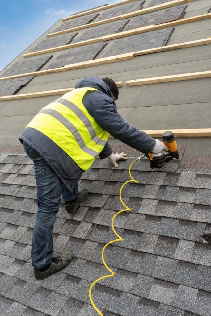 Workman using pneumatic nail gun